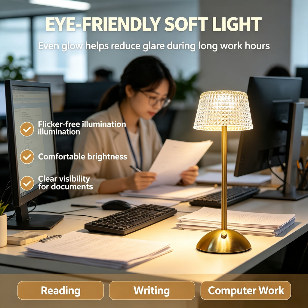 Lampe de bureau LED sans fil, abat-jour acrylique taillé et pied doré