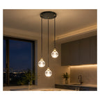 Suspension 3 globes en cristal taillé sur platine noire, câbles 110 cm
