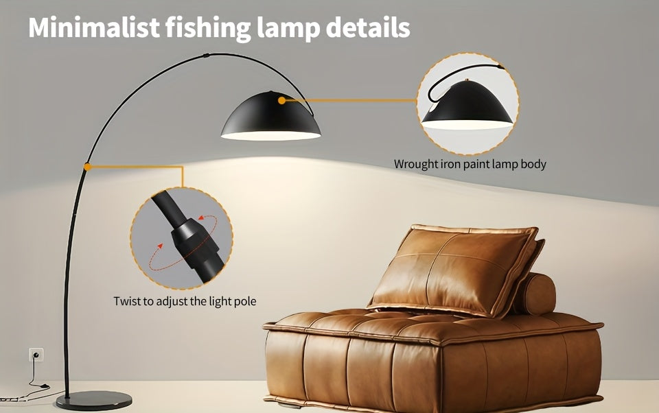 Lampadaire arc noir mat, dôme métal Ø 30 cm et portée réglable