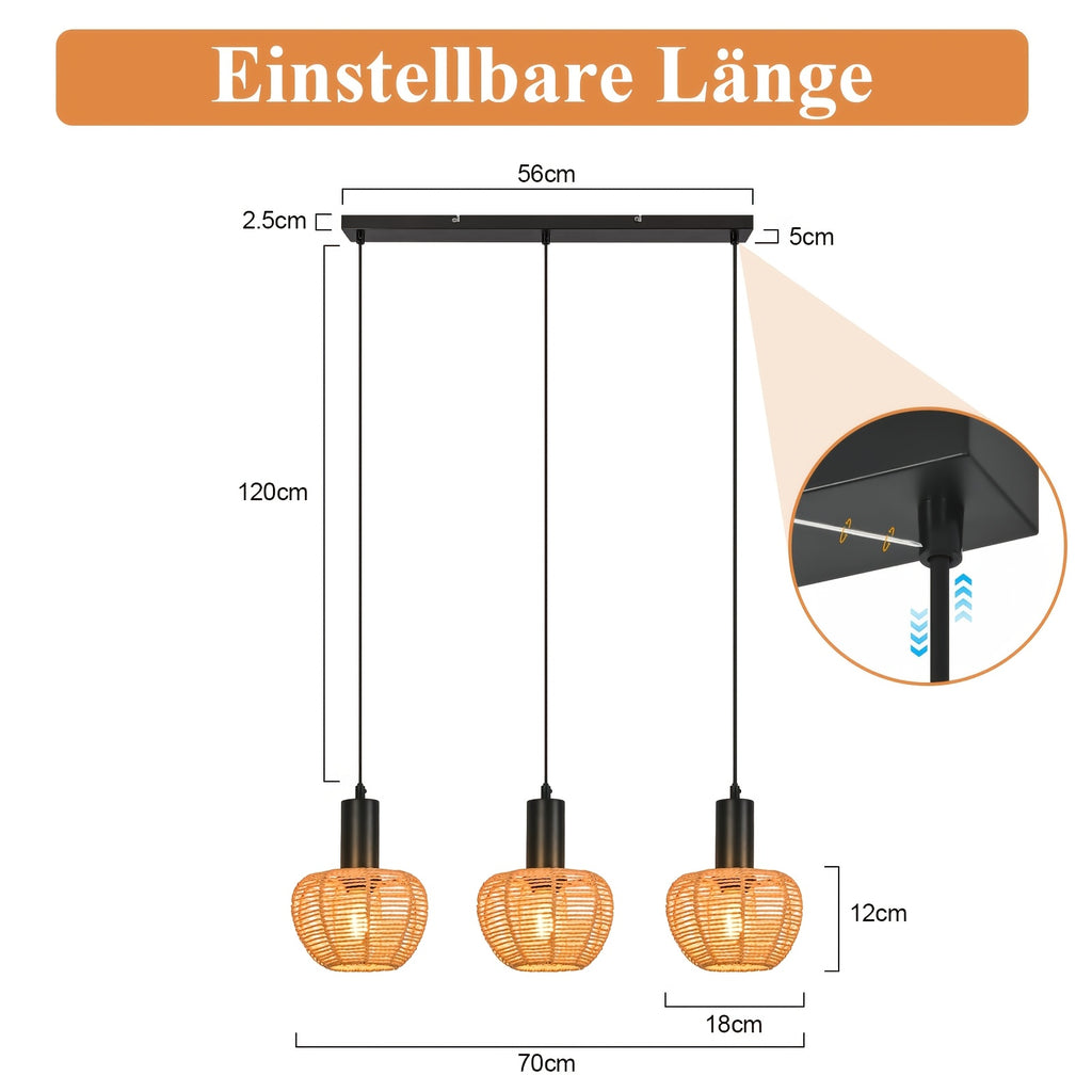 Suspension à 3 petits globes en corde tressée, rail noir de 56 cm