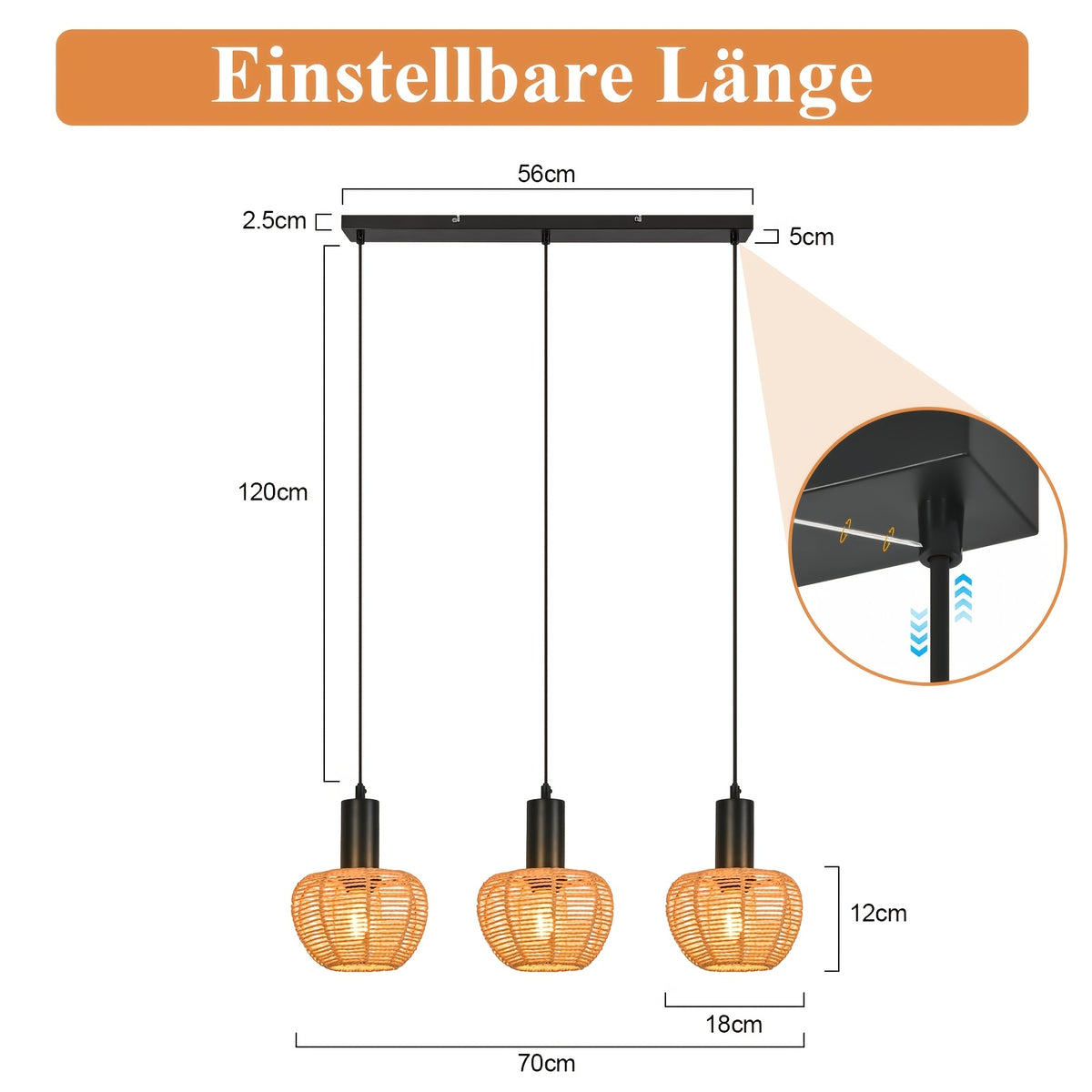 Suspension à 3 petits globes en corde tressée, rail noir de 56 cm