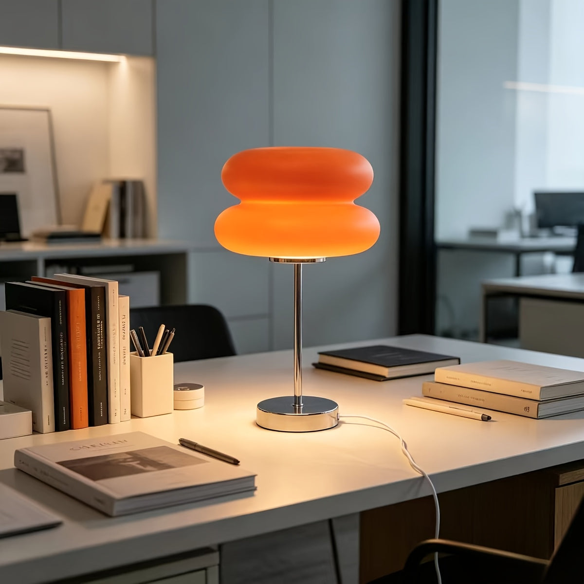 Lampe champignon orange à double bulle sur tige chromée, 36 cm