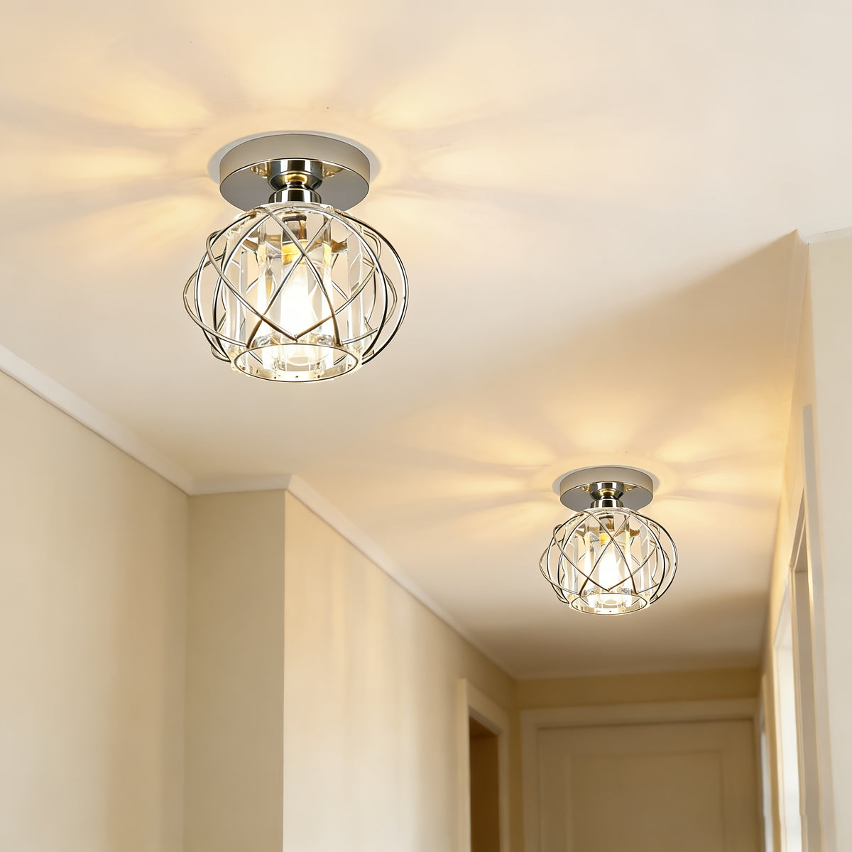 Plafonnier boule cage dorée ou chromée effet cristal, Ø 18 cm, E27