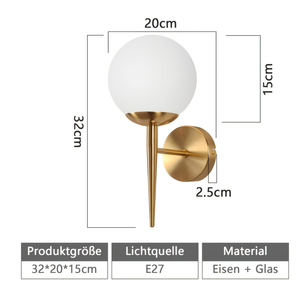 Lot de 2 appliques murales boule en verre opale, structure dorée