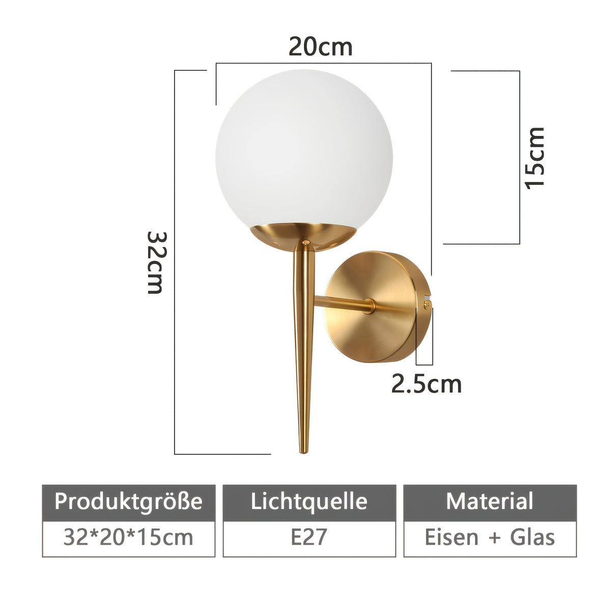Lot de 2 appliques murales boule en verre opale, structure dorée