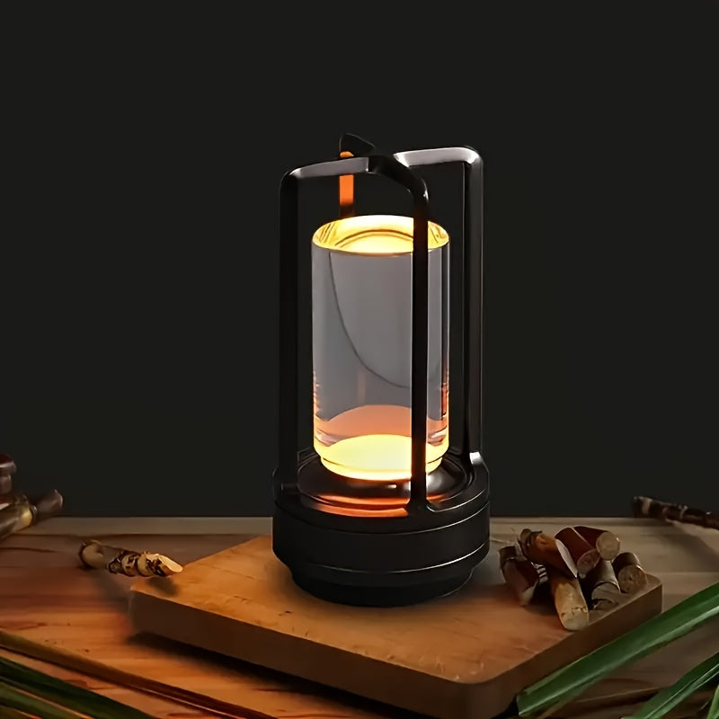 Lampe lanterne sans fil rétro, cylindre transparent et cadre métal