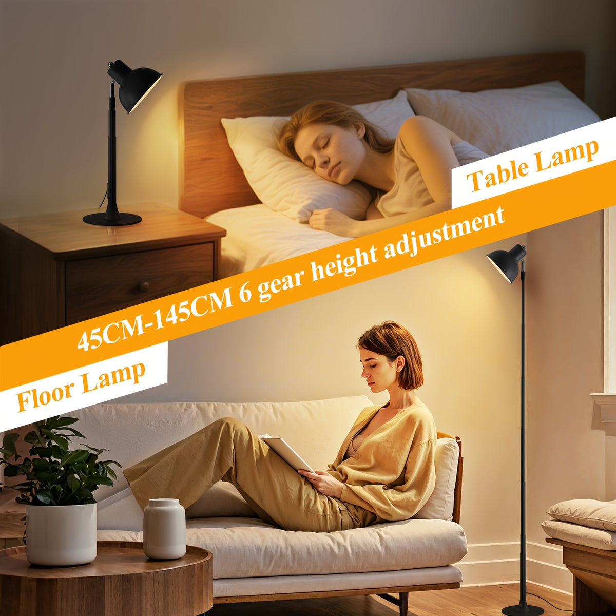 Lampadaire LED USB noir convertible en lampe de chevet, 45 à 145 cm