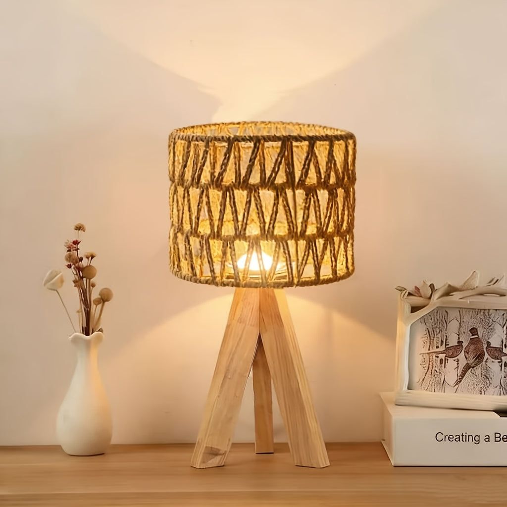 Lampe de chevet trépied en bois, abat-jour en corde tressée ajourée