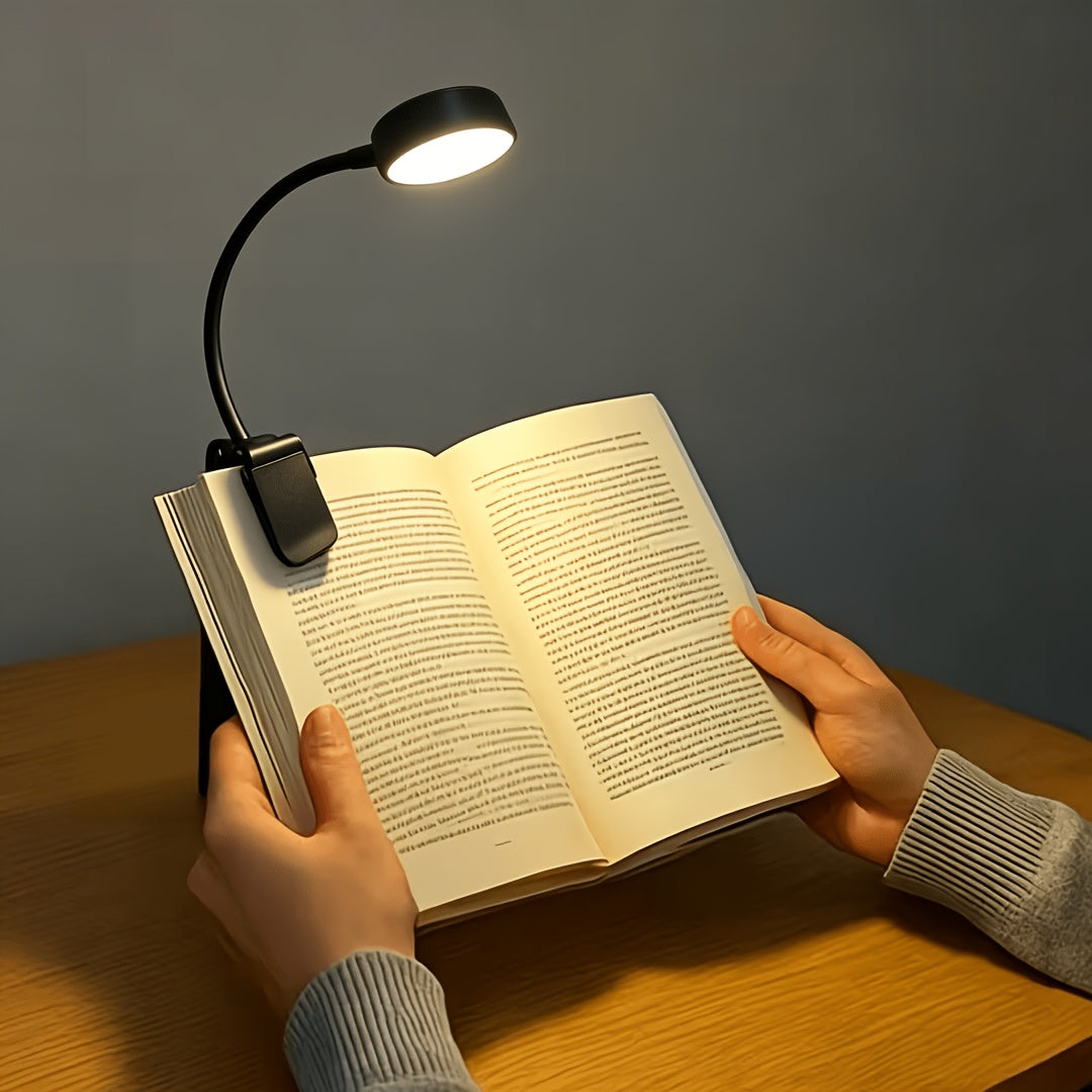 Lampe de lecture à pince noire à piles, tête ronde, col 360°