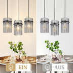 Suspension 3 lampes à baguettes de verre fumé, rosace ou barre
