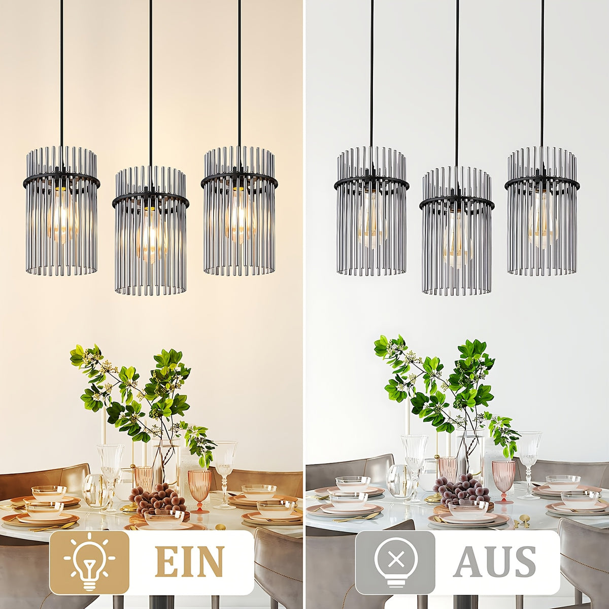 Suspension 3 lampes à baguettes de verre fumé, rosace ou barre