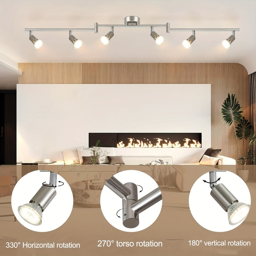 Plafonnier 6 spots GU10 argenté sur bras articulés, 120 cm de long