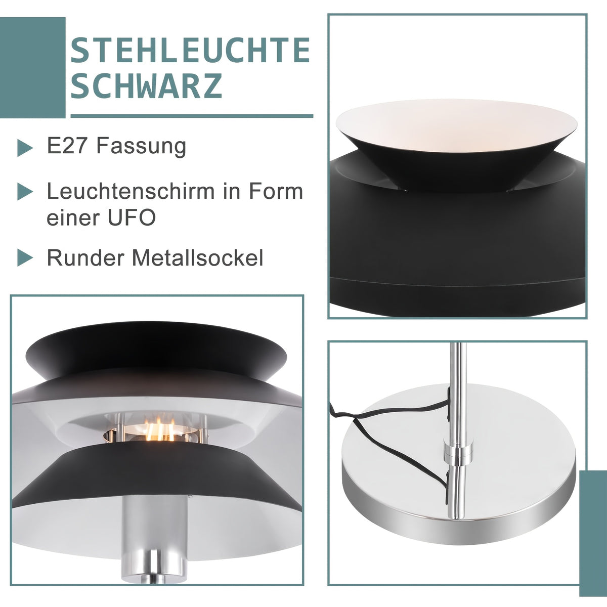 Lampadaire à abat-jour double disque noir et pied chromé, 145 cm