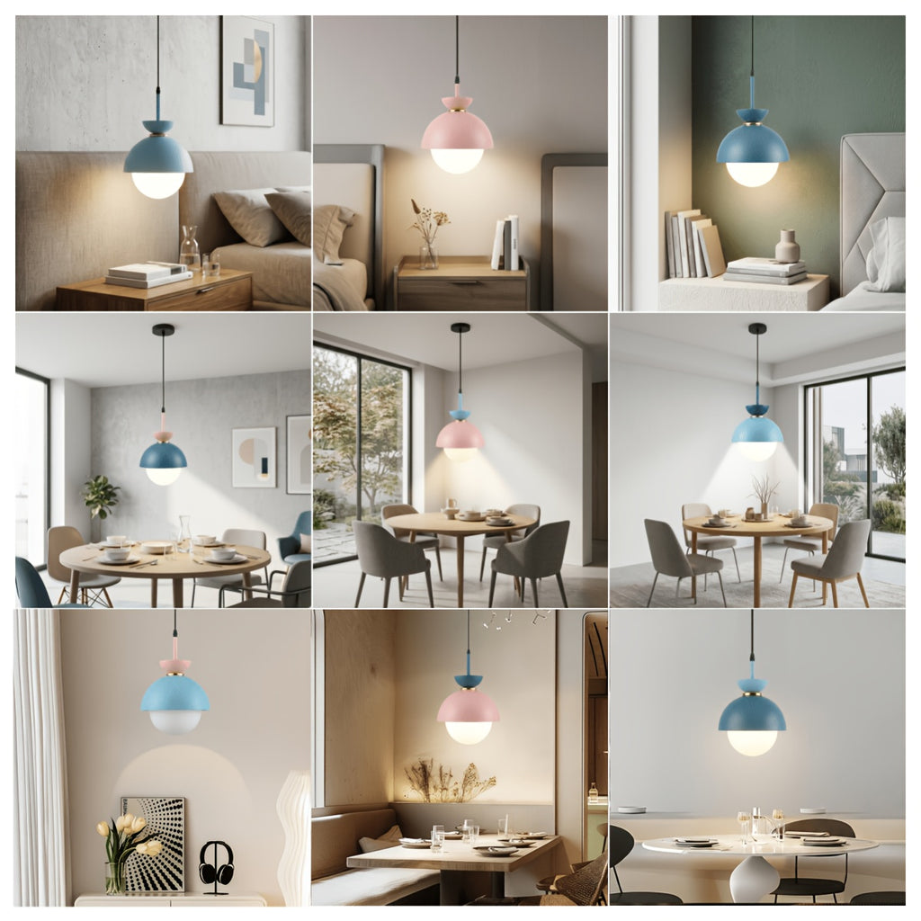 Suspension dôme pastel et globe en verre givré, bleu ou rose
