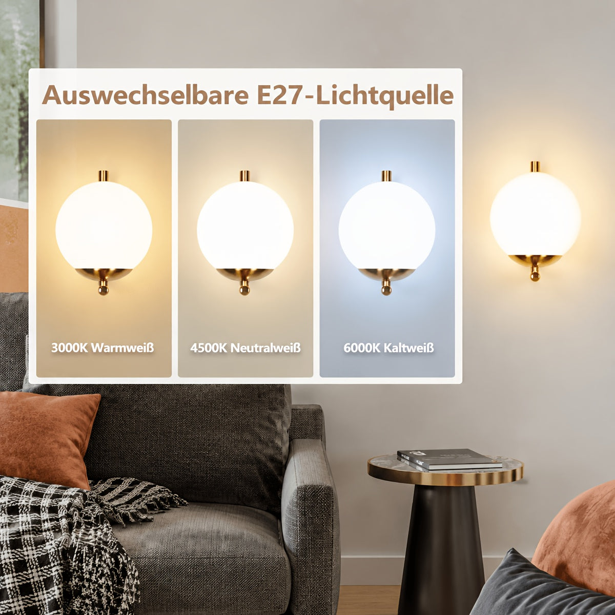 Lot de 2 appliques murales boule en verre opale, structure dorée