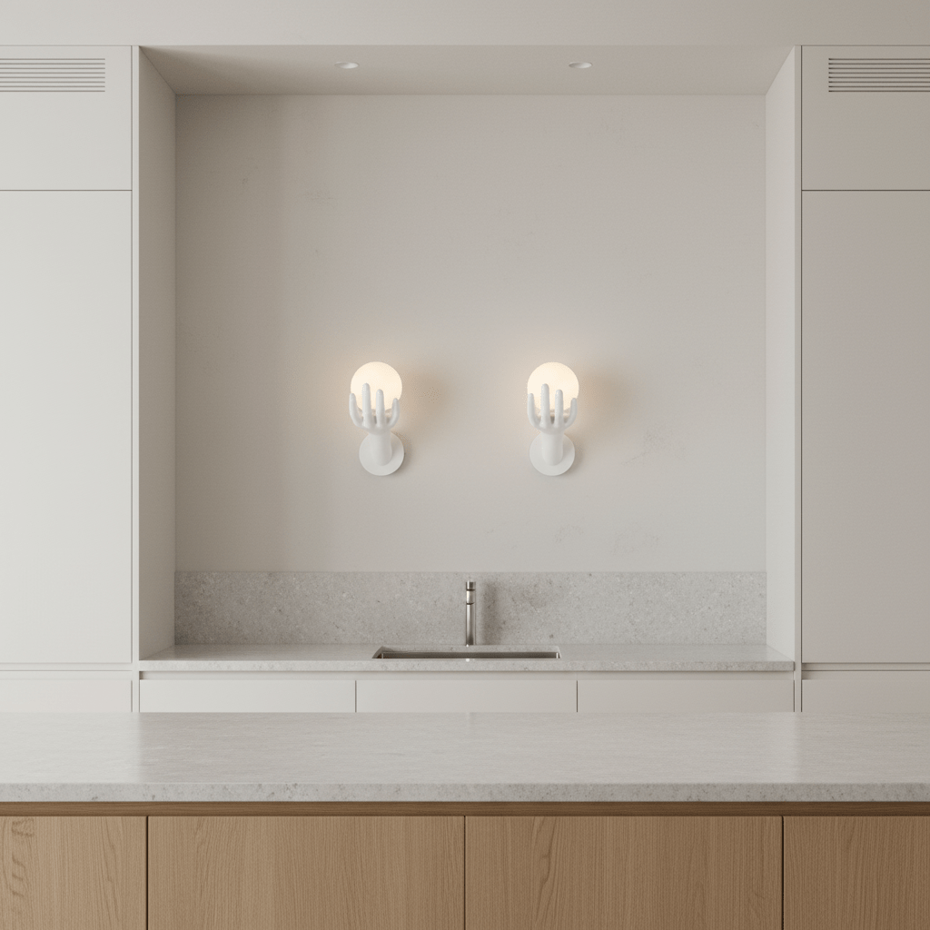 Applique murale main blanche tenant un globe, douille E27