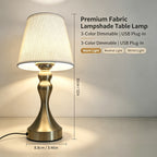 Lampe de chevet USB à pied balustre doré et abat-jour en tissu
