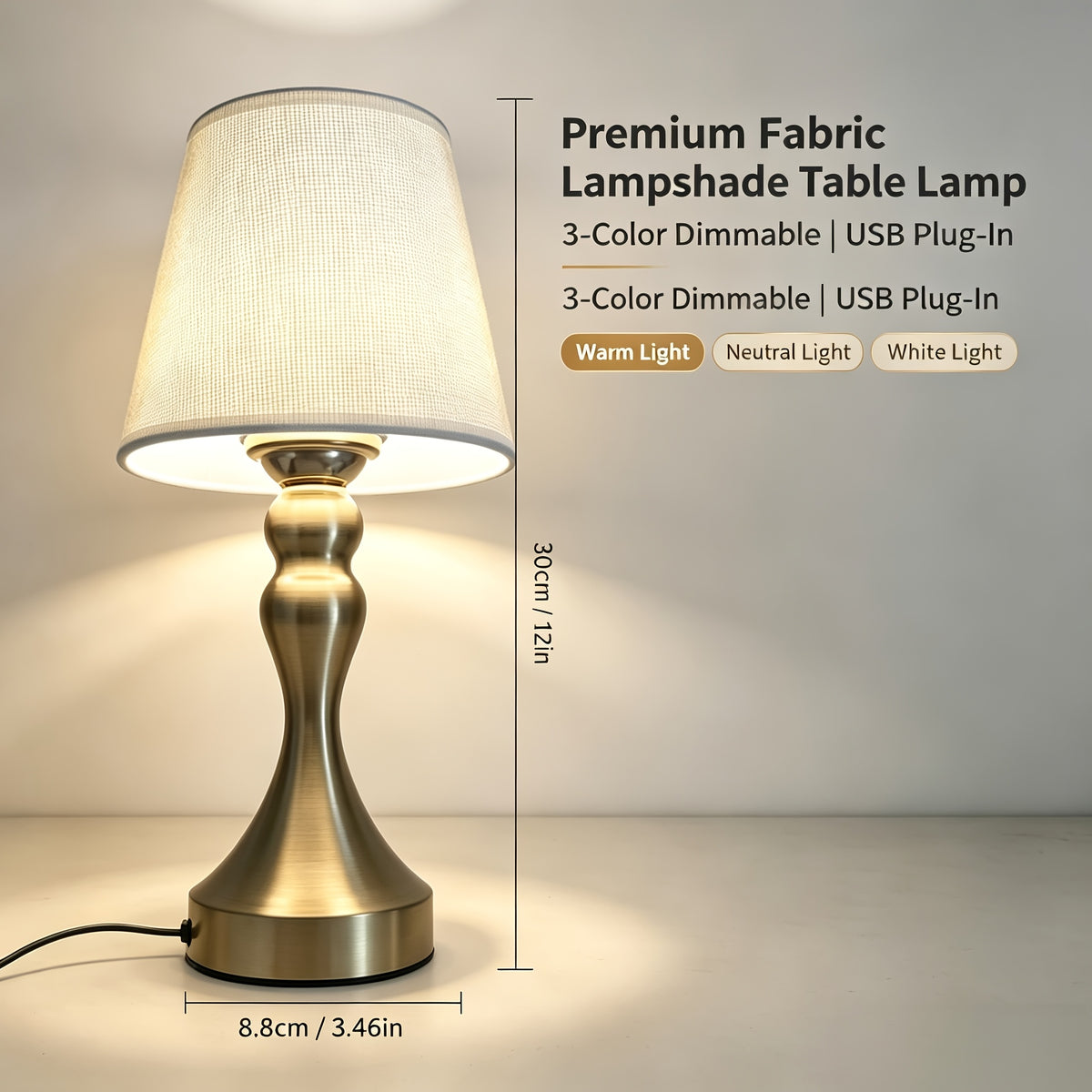 Lampe de chevet USB à pied balustre doré et abat-jour en tissu