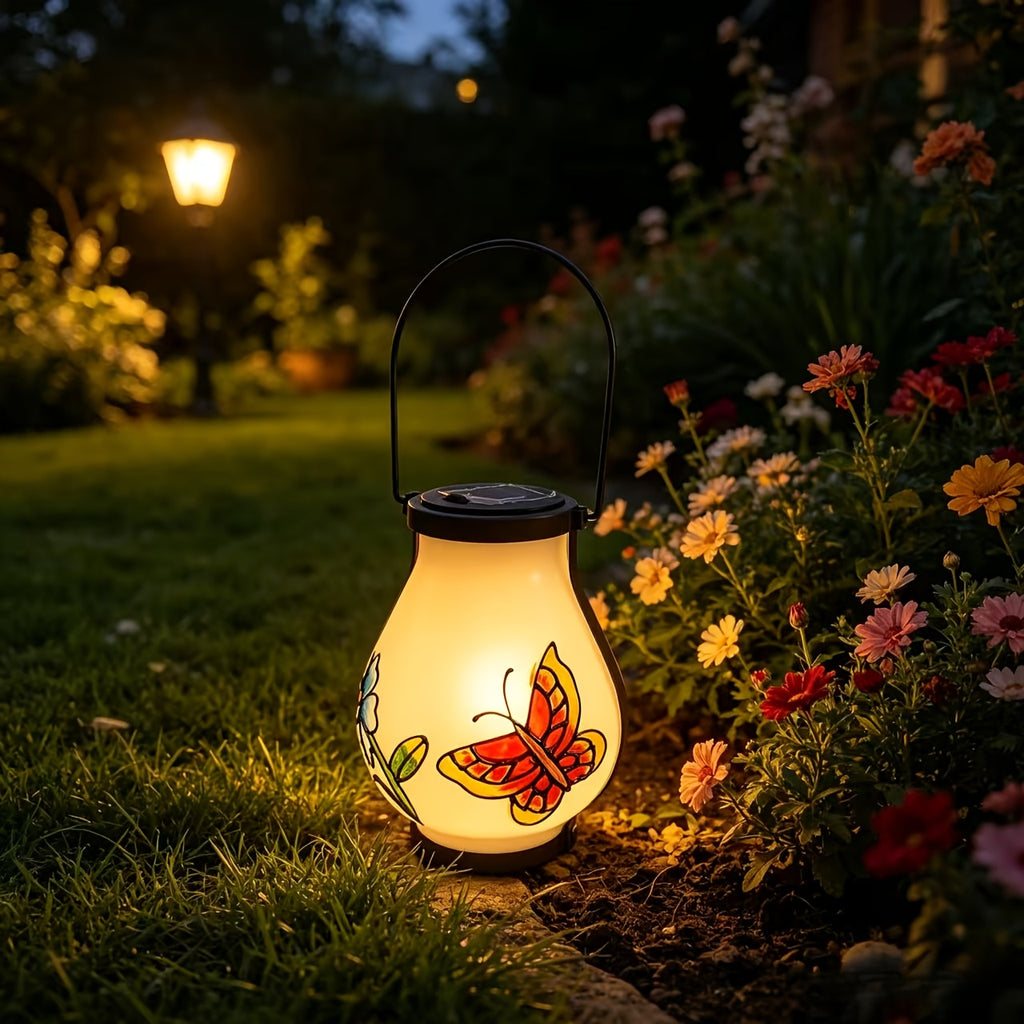Lanterne solaire en verre dépoli à papillon peint, effet flamme