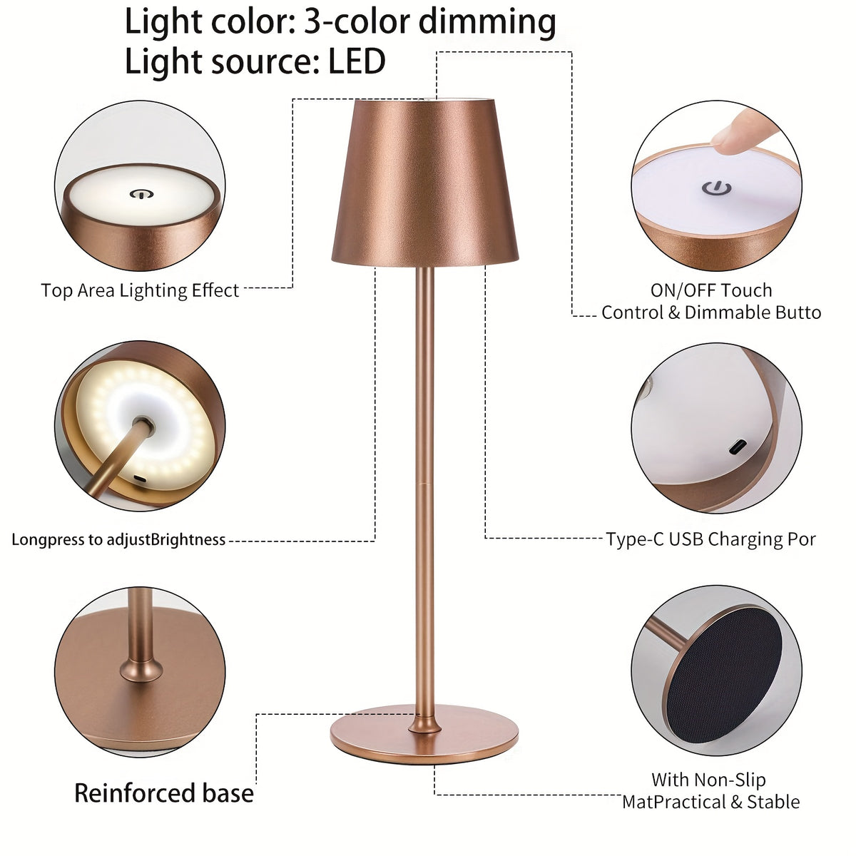 Lampe de table LED sans fil à abat-jour évasé, blanche ou champagne