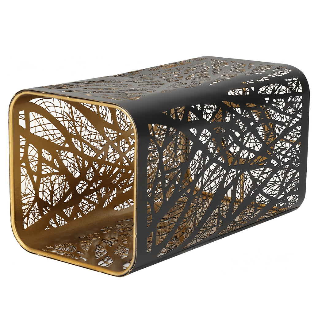 Abat-jour colonne en métal noir gravé de forêt, intérieur doré