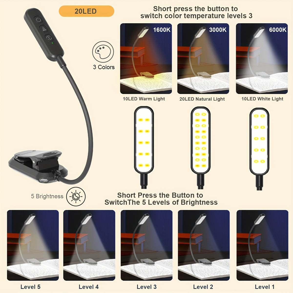 Lampe de lecture à pince avec arrêt programmé 30 ou 60 min, USB-C