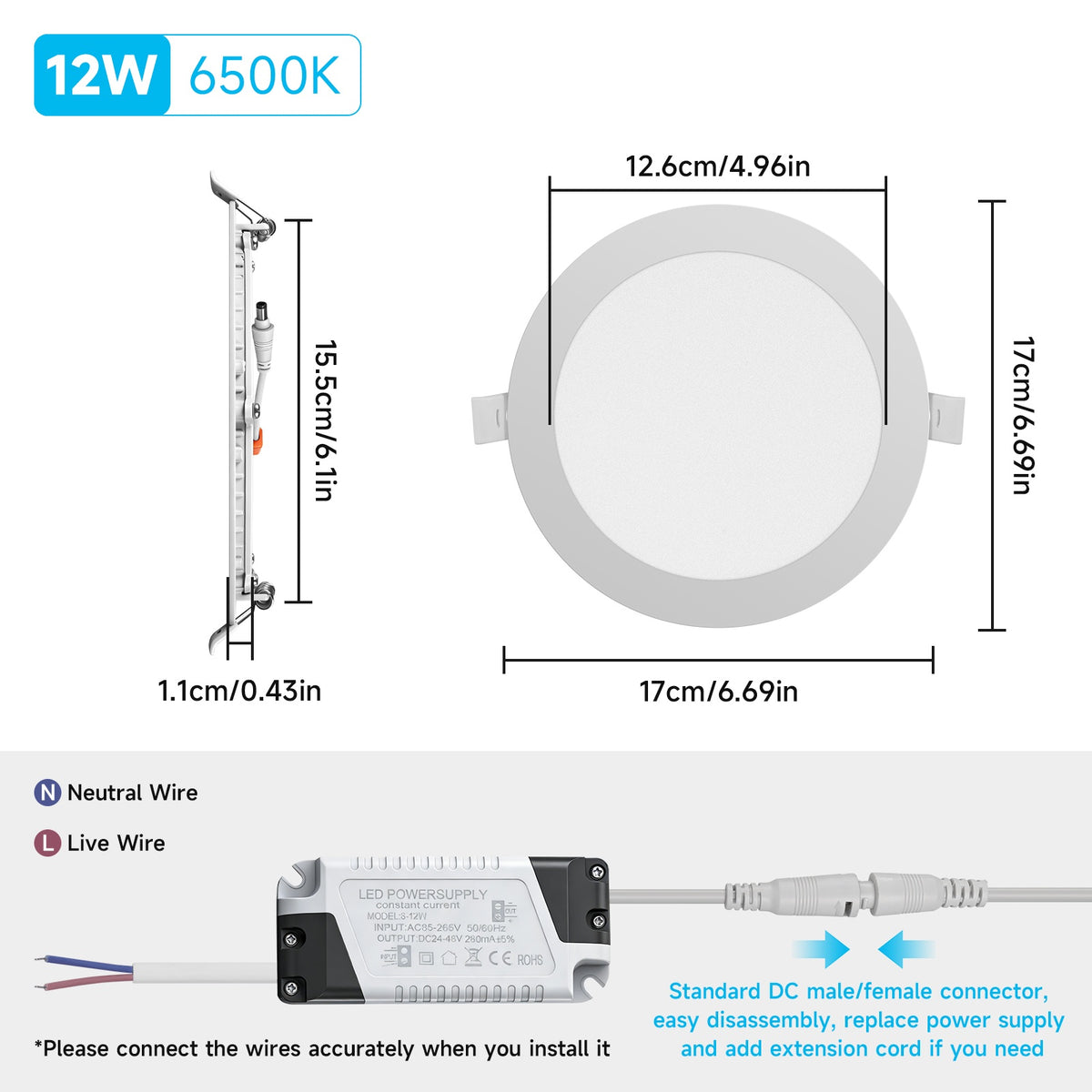 Spot LED encastrable extra-plat Ø 17 cm, 12 W blanc froid, lot de 12
