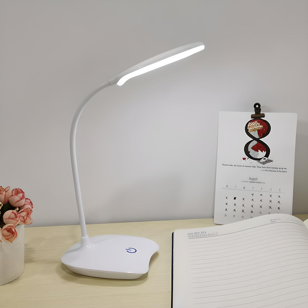 Lampe de bureau LED tactile à col flexible blanc, 14 LED à 5000 K