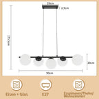 Suspension 5 globes en verre opalin, barre de 90 cm noire ou dorée