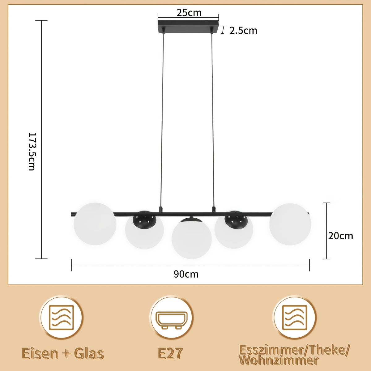 Suspension 5 globes en verre opalin, barre de 90 cm noire ou dorée