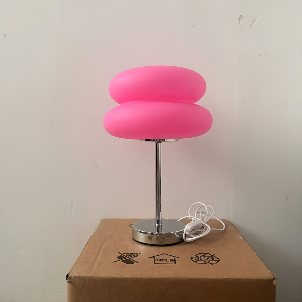 Lampe à poser rose en forme de macaron, pied chromé, 30 cm