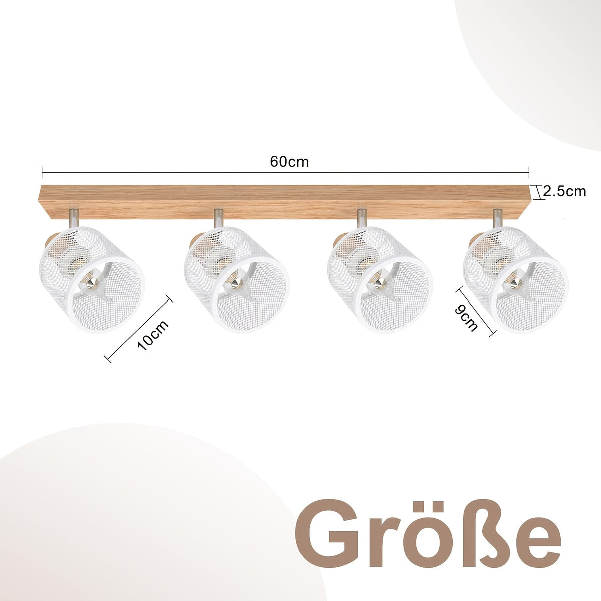 Plafonnier barre effet bois à 3 ou 4 spots grillagés blancs, E14