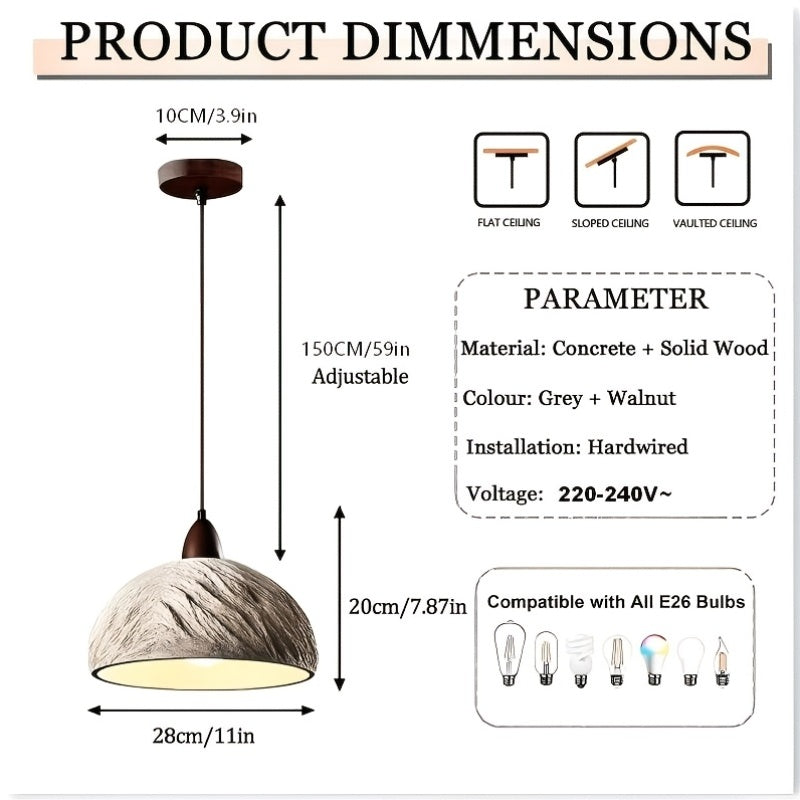 Suspension dôme effet ciment texturé et bois, Ø 28 cm, E27