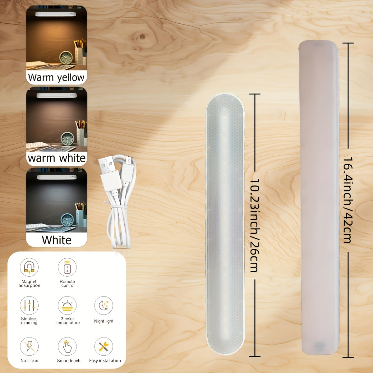 Réglette LED rechargeable 42 cm avec télécommande, trois teintes