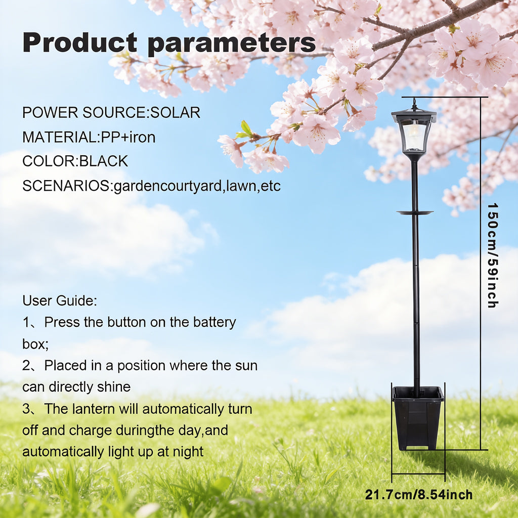 Lampadaire solaire 150 cm avec mangeoire à oiseaux et jardinière