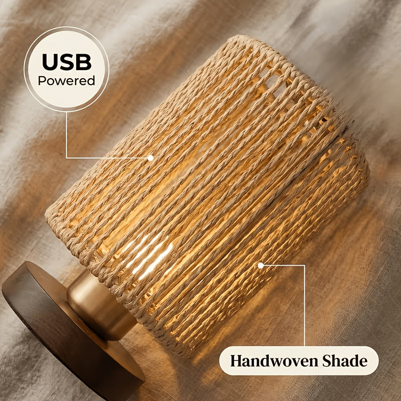 Lampe de chevet en corde torsadée verticale, socle en bois foncé