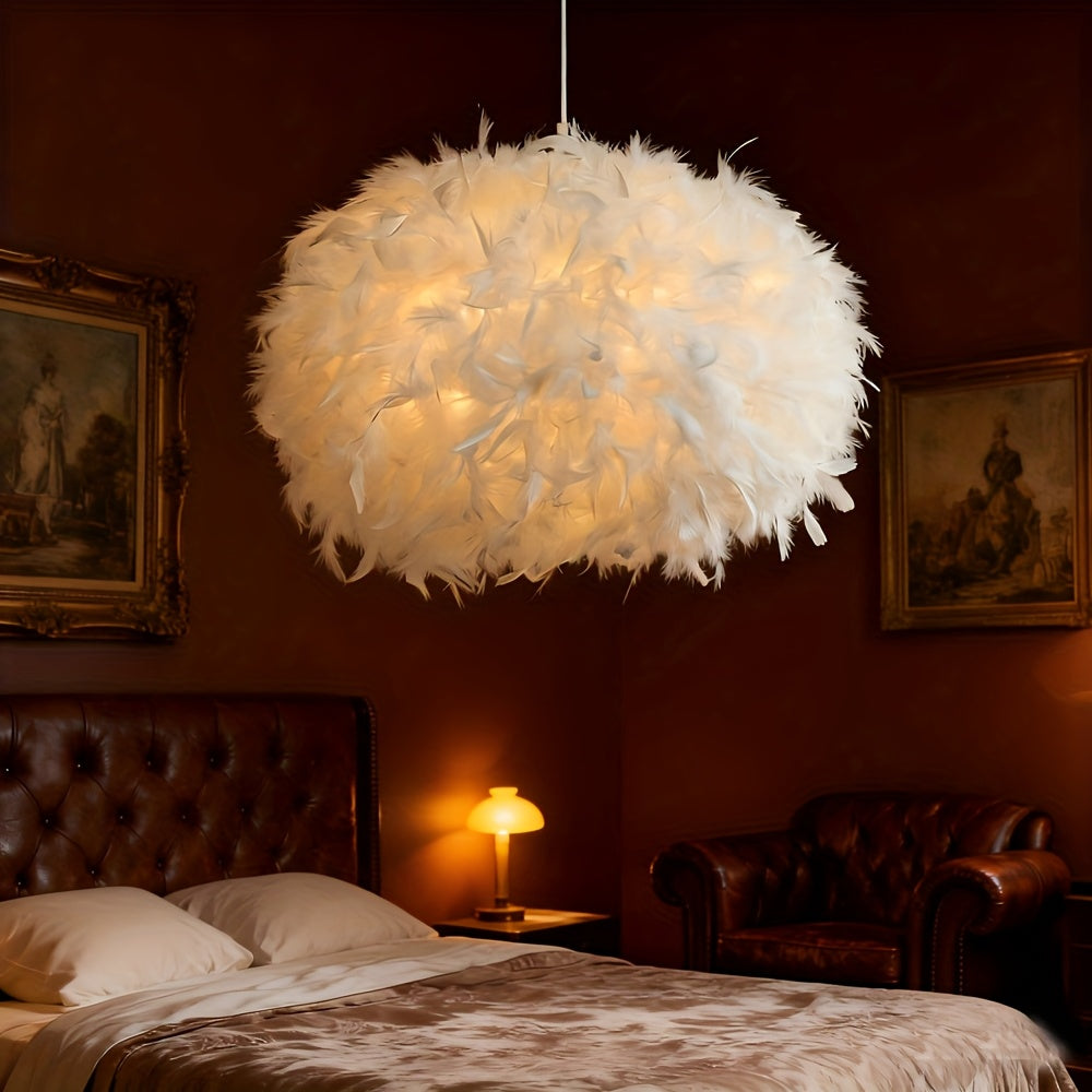 Grand abat-jour en plumes blanches pour suspension, Ø 50 x H 30 cm