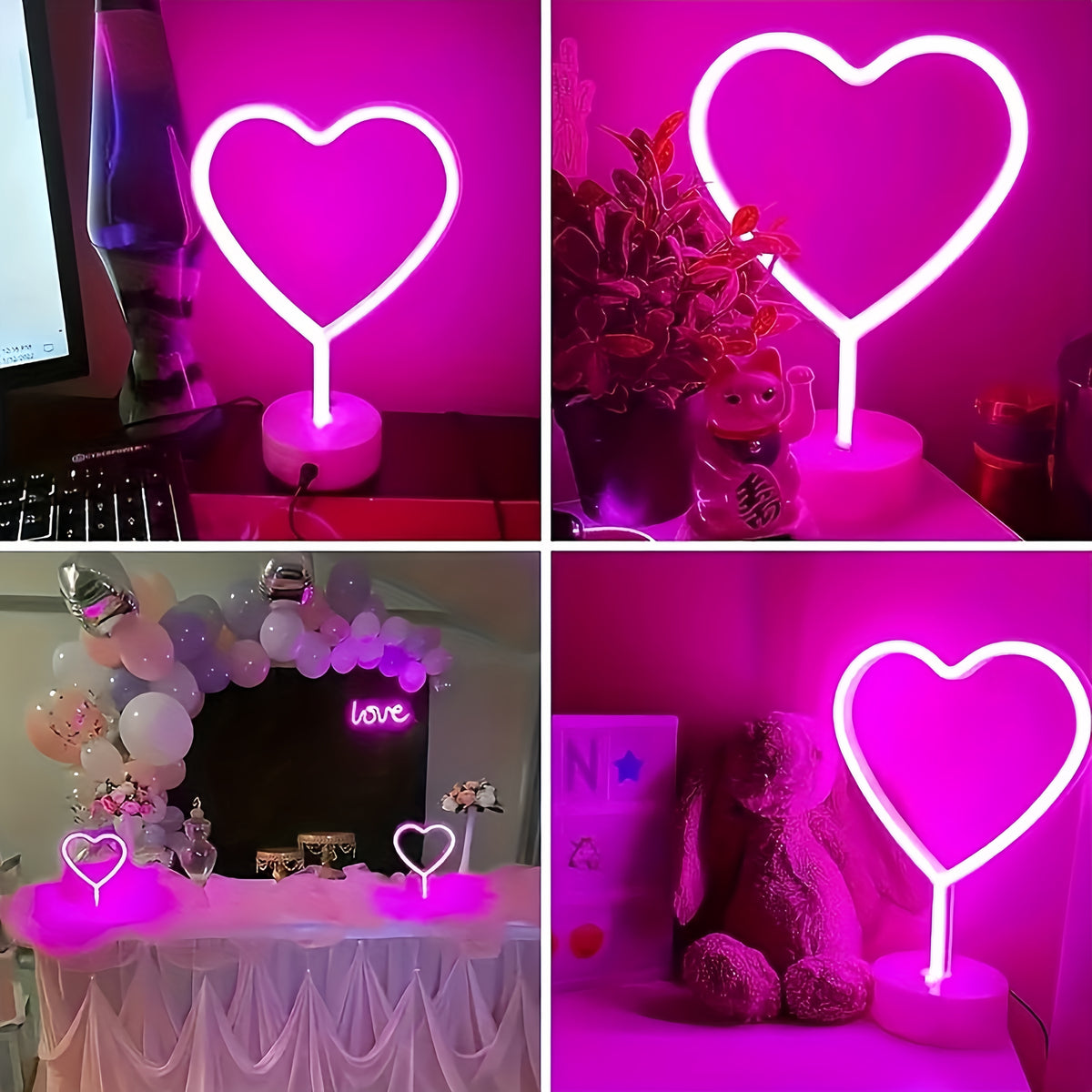 Lampe néon cœur rose sur socle, à piles, 30,5 cm de haut