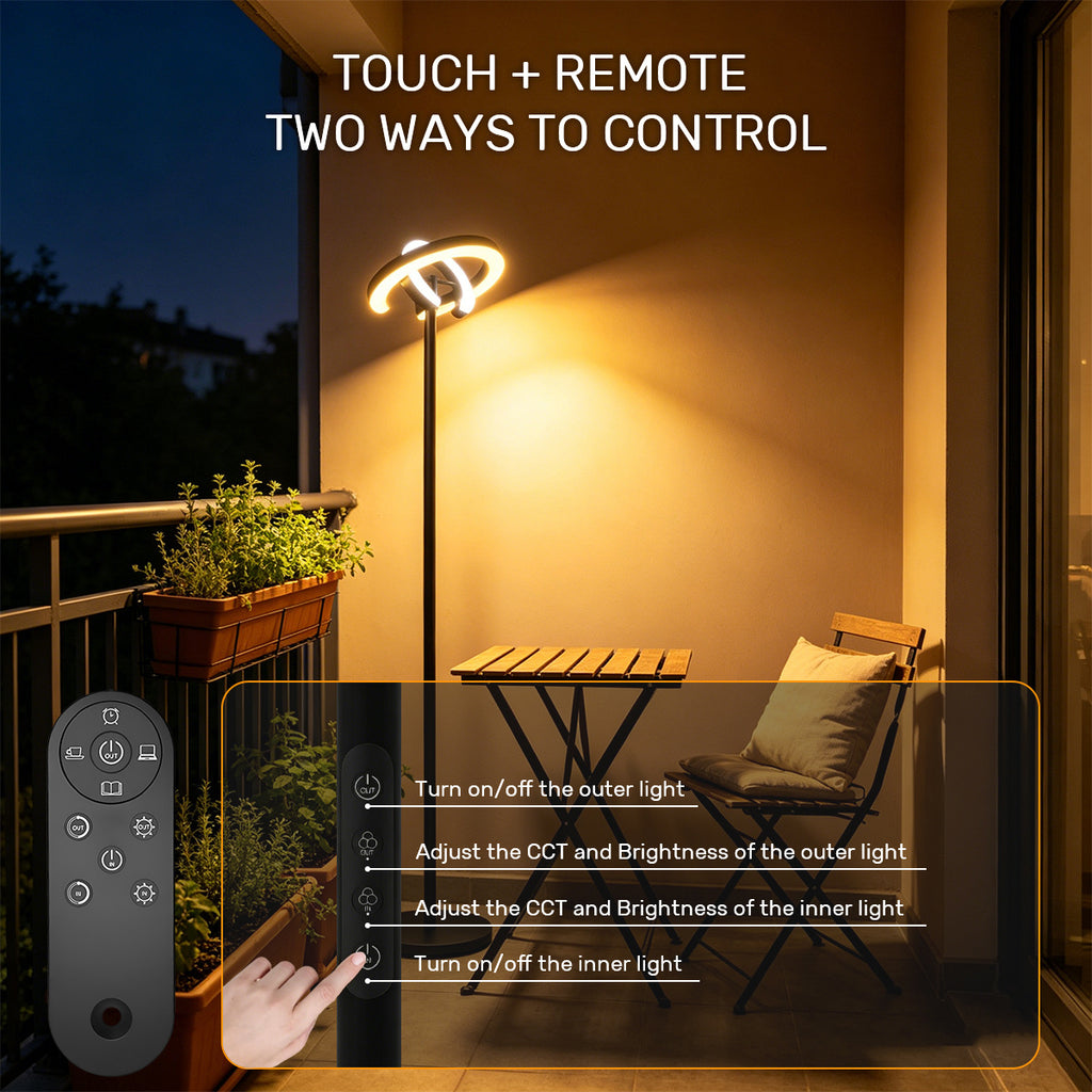 Lampadaire LED double anneau avec télécommande, 1900 à 6500 K