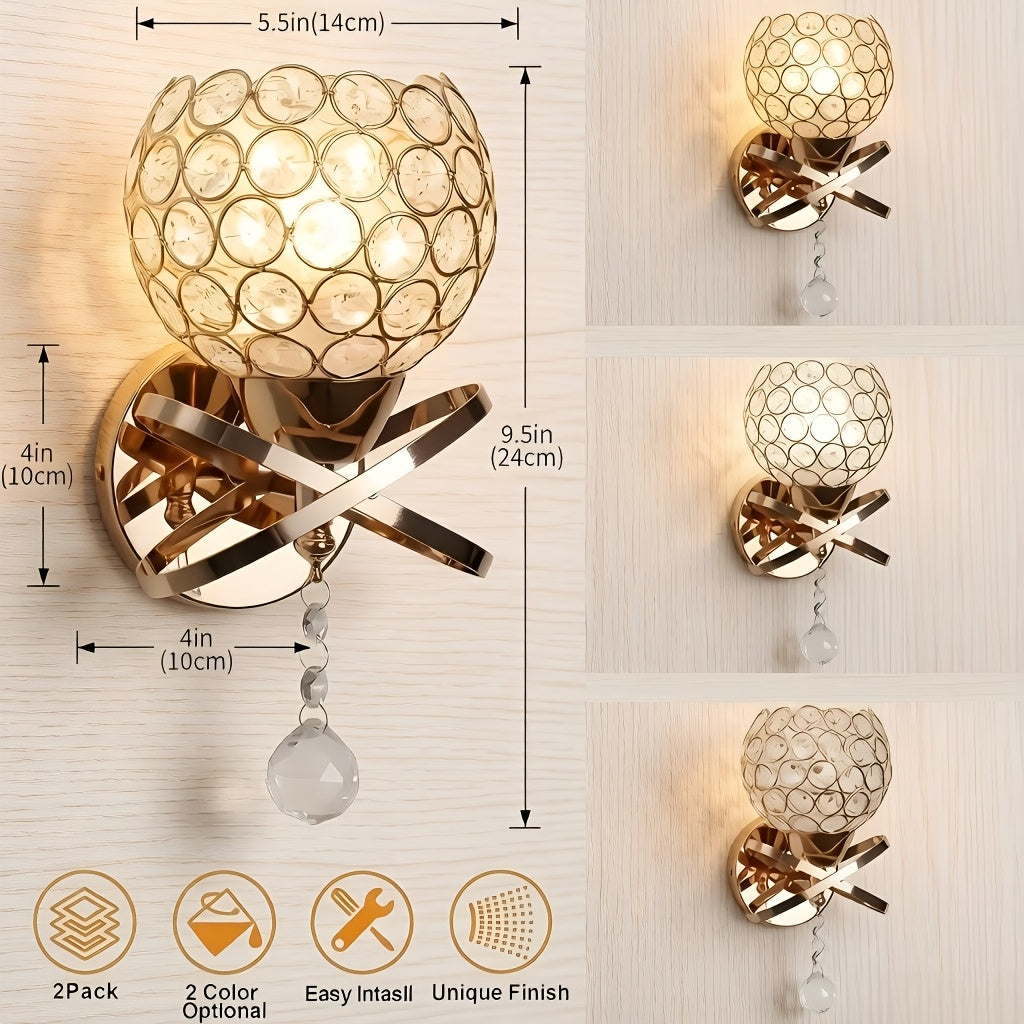 Lot de 2 appliques murales dorées, globe de perles et pampille