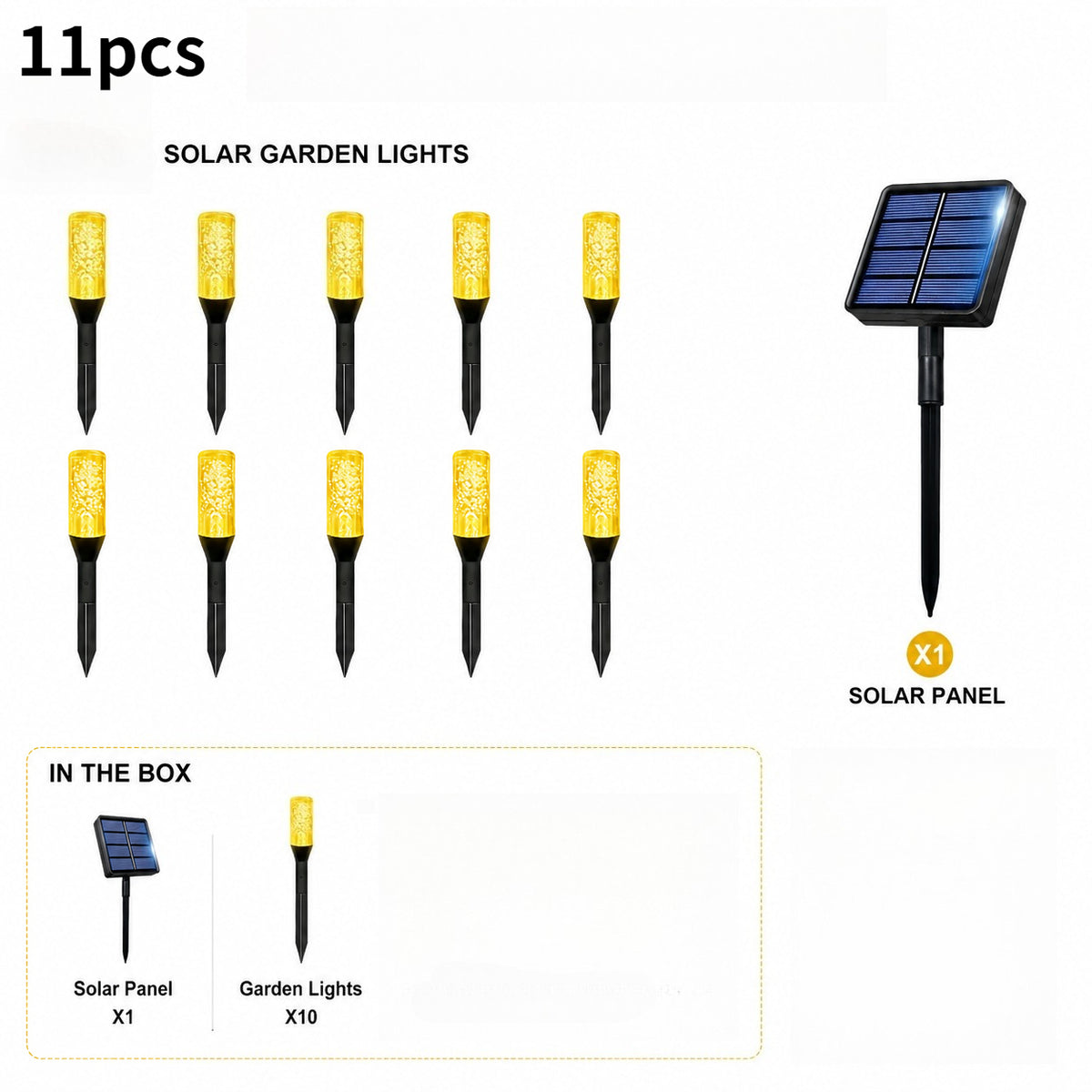 Lumière chaude / Ensemble de 11 pièces (10 lumières + panneau solaire)