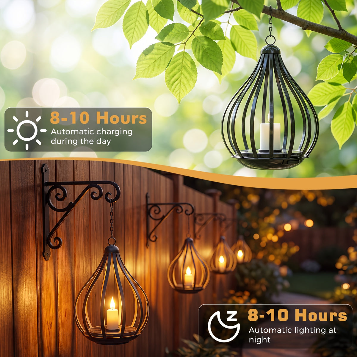 Lanterne solaire goutte en métal noir, bougie LED vacillante, IP65
