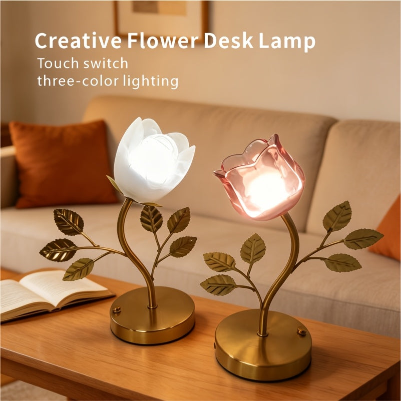 Lampe tulipe sans fil en verre, tige dorée à feuilles, tactile