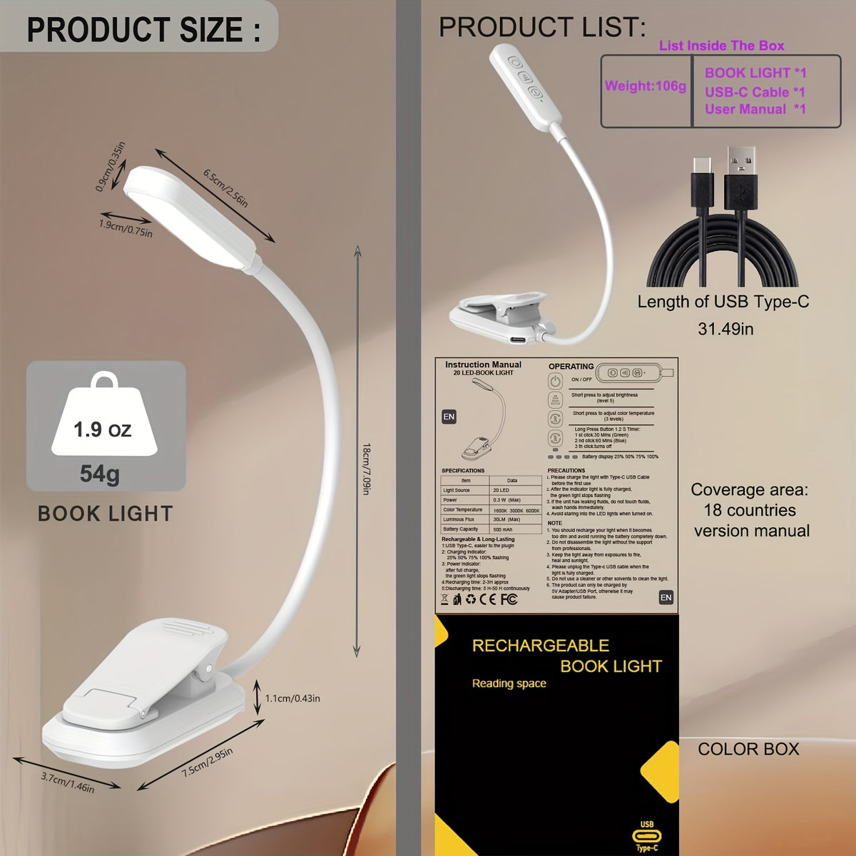 Lampe de lecture à pince avec arrêt programmé 30 ou 60 min, USB-C