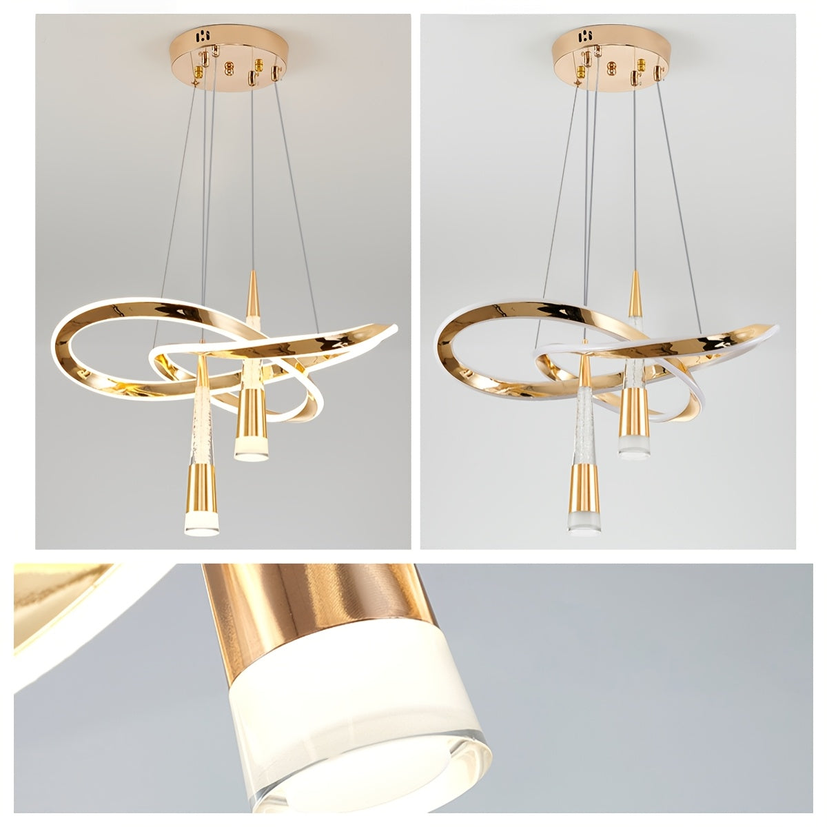 Lustre LED doré à rubans entrelacés et deux cônes, trois teintes