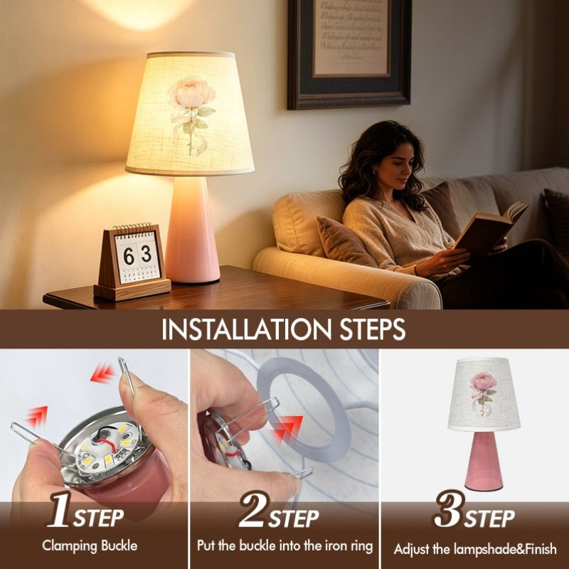 Lampe de chevet rose à rose aquarelle, abat-jour lin et coffret
