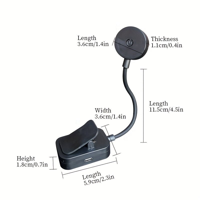 Mini lampe de lecture à pince à tête ronde, USB-C, noire ou blanche