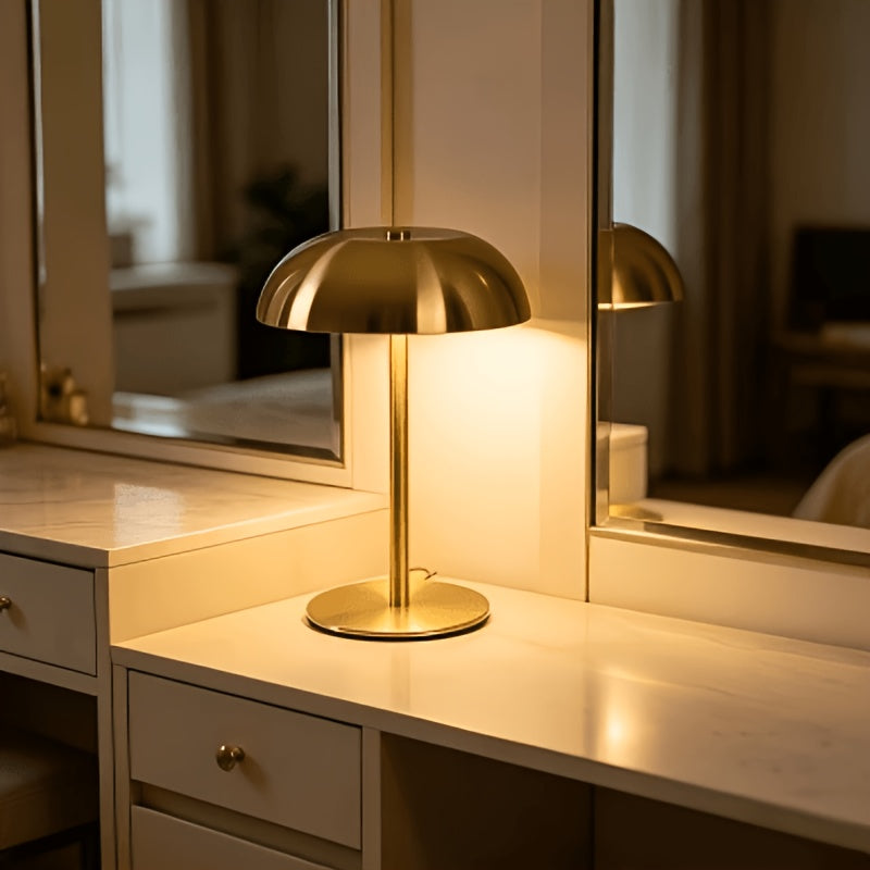 Lampe à poser champignon dorée sans fil, dôme métal et touche tactile