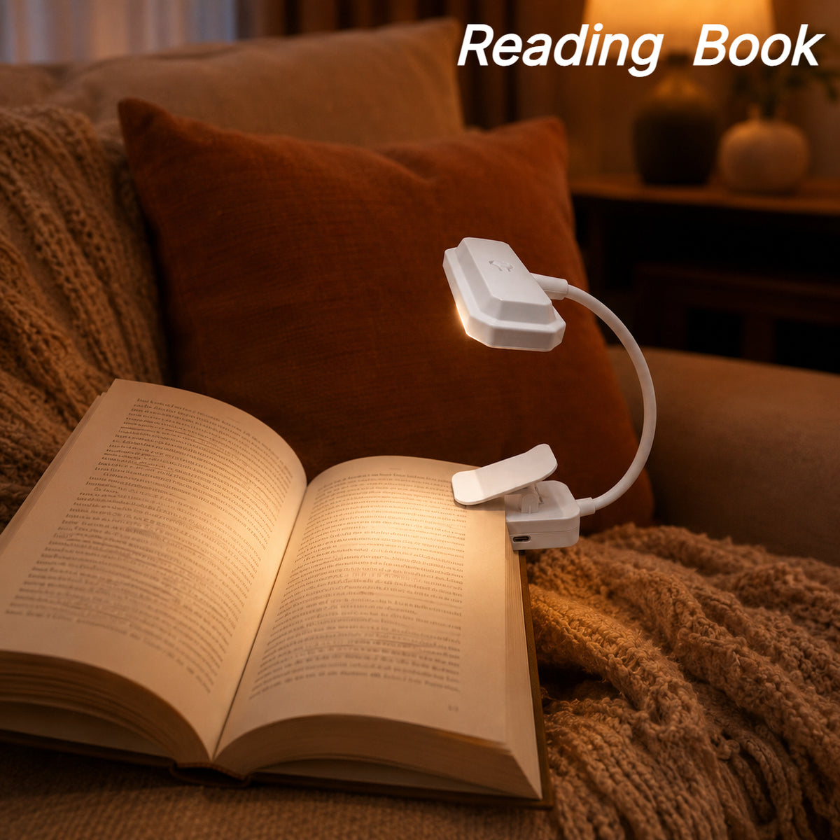 Lampe de lecture à pince blanche, col flexible 14 cm, USB-C