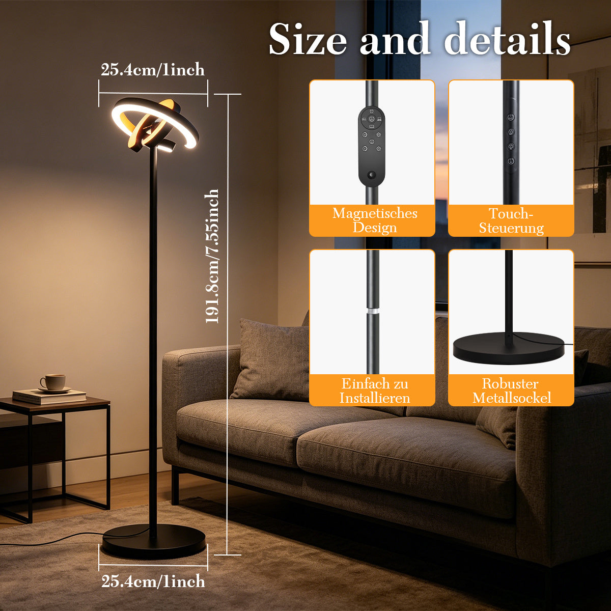 Lampadaire LED double anneau avec télécommande, 1900 à 6500 K